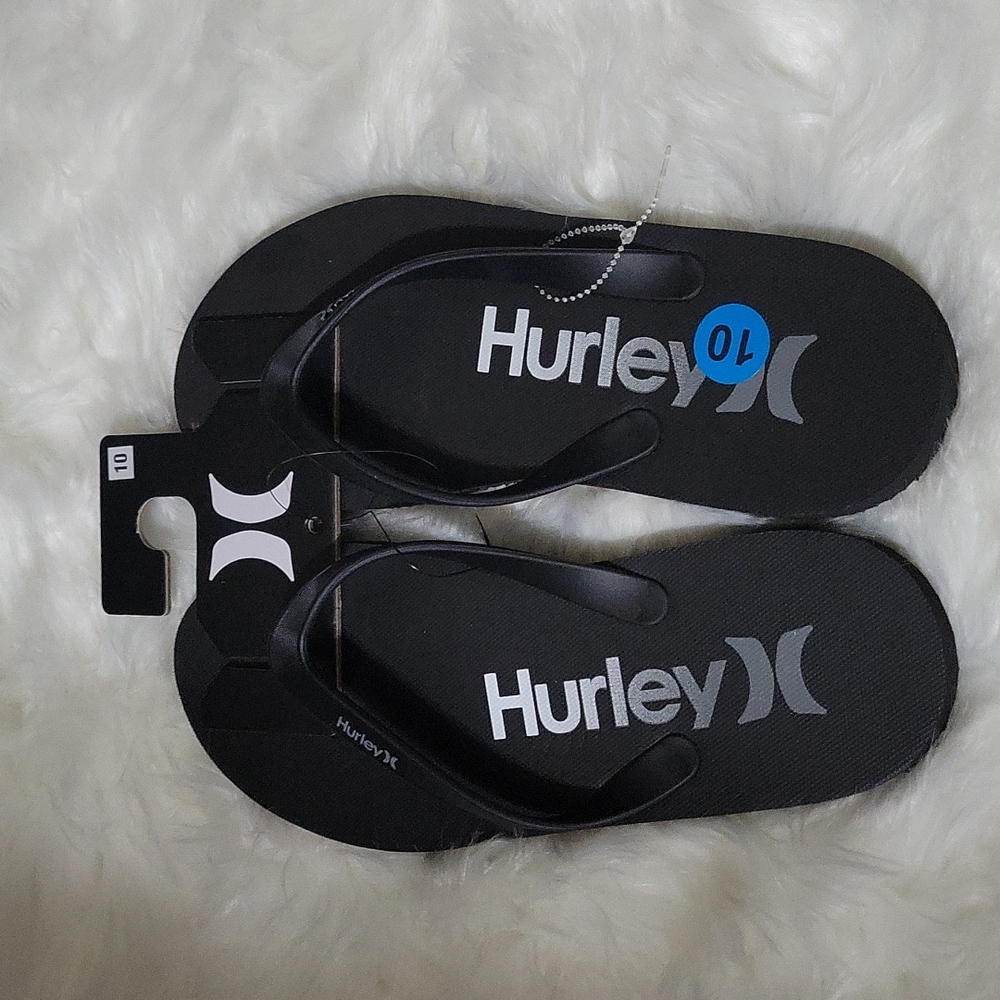 Hurley Jet Black White Writing Designer Flip Flops NWT